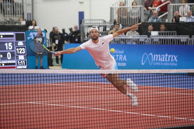 DALLAS, TX - FEBRUARY 08: Maxime Cressy (USA) stretches for a forehand during the Dallas Open on February 8, 2022 at the Styslinger Altec Tennis Complex in Dallas, TX. (Photo by George Walker Icon Sportswire) TENNIS: FEB 08 Dallas Open Icon22020822