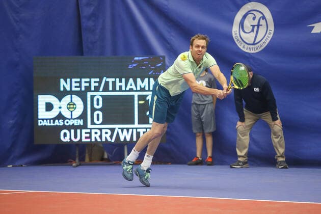 DALLAS, TX - FEBRUARY 08: Sam Querrey (USA) hits a backhand during the Dallas Open on February 8, 2022 at the Styslinger Altec Tennis Complex in Dallas, TX. (Photo by George Walker Icon Sportswire) TENNIS: FEB 08 Dallas Open Icon22020837
