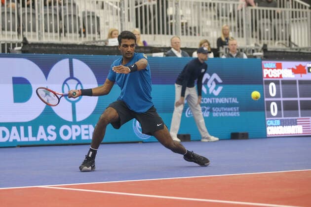DALLAS, TX - FEBRUARY 08: Caleb Chakravarthi (USA) hits a forehand during the Dallas Open on February 8, 2022 at the Styslinger Altec Tennis Complex in Dallas, TX. (Photo by George Walker Icon Sportswire) TENNIS: FEB 08 Dallas Open Icon22020842