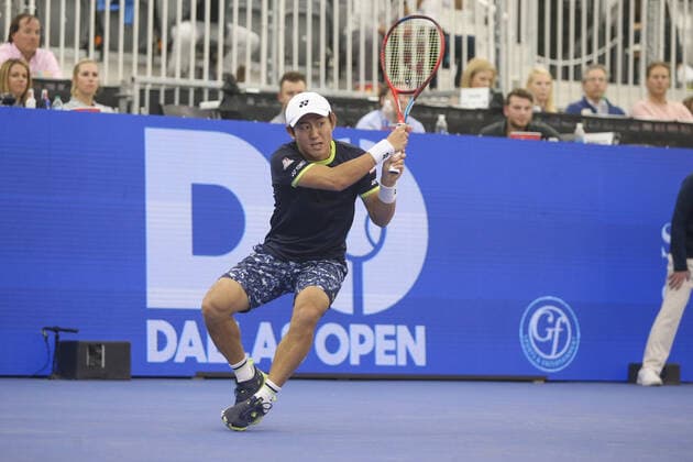 DALLAS, TX - FEBRUARY 08: Yoshihito Nishioka (JPN) hits a backhand during the Dallas Open on February 8, 2022 at the Styslinger Altec Tennis Complex in Dallas, TX. (Photo by George Walker Icon Sportswire) TENNIS: FEB 08 Dallas Open Icon22020845