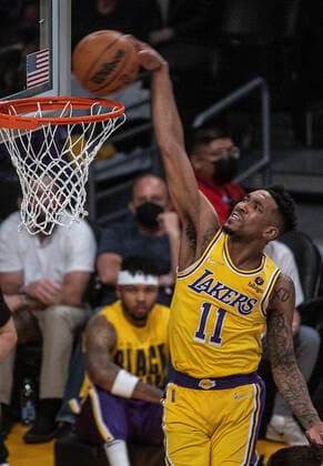 February 8, 2022, Los Angeles, California, USA: Malik Monk 11 of the Los Angeles Lakers dunks the ball during their NBA, Basketball Herren, USA game against the Milwaukee Bucks on Tuesday February 8, 2022 at Crypto.com Arena in Los Angeles, California. Lakers lose to Bucks, 116-131. PI Los Angeles USA - ZUMAp124 20220208_zaa_p124_004 Copyright: xJAVIERxROJASx