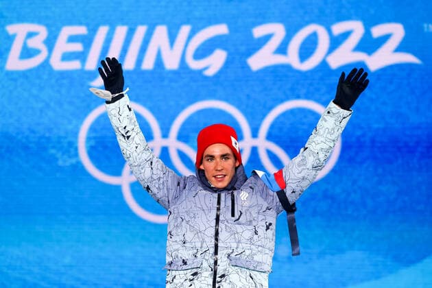 ZHANGJIAKOU, CHINA - FEBRUARY 9, 2022: ROC athele Alexander Terentyev celebrates his bronze medal during the men s cross-country sprint freestyle victory ceremony at the Medal Plaza as part of the 2022 Winter Olympic Games, Olympische Spiele, Olympia, OS Sergei Bobylev TASS  TS122193