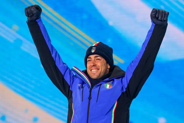 ZHANGJIAKOU, CHINA - FEBRUARY 9, 2022: Athlete Federico Pellegrino of Italy celebrates his silver medal during the men s cross-country sprint freestyle victory ceremony at the Medal Plaza as part of the 2022 Winter Olympic Games, Olympische Spiele, Olympia, OS Sergei Bobylev TASS  TS1221A0