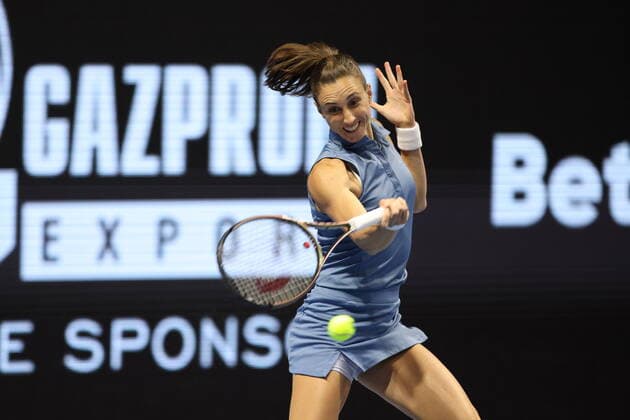 February 9, 2022, Saint Petersburg, Russia: Petra Martic of Croatia play against Elise Mertens of Belgium during the St.Petersburg Ladies Trophy 2022 tennis tournament..Final score: Saint Petersburg Russia - ZUMAs197 20220209_zaa_s197_146 Copyright: xMaksimxKonstantinovx