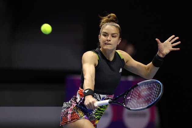 Saint Petersburg, Russia - 09 february 2022: Ekaterina Alexandrova of Russia play against Maria Sakkari of Germany during the St.Petersburg Ladies Trophy 2022 tennis tournament. Maria Sakkari MaksimxKonstantinov