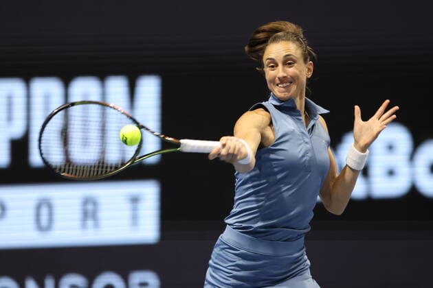 Saint Petersburg, Russia - 09 february 2022: Petra Martic of Croatia play against Elise Mertens of Belgium during the St.Petersburg Ladies Trophy 2022 tennis tournament. Petra Martic MaksimxKonstantinov