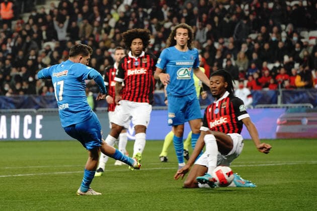 But - Cengiz Under (Olympique de Marseille) - Khephren Thuram (OGC Nice) FOOTBALL : OGC Nice vs Marseille - 1 4 de finale de coupe de France - Nice - 09 02 2022 NorbertScanella Panoramic 