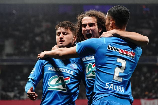 Joie - Cengiz Under (Olympique de Marseille) - Matteo Guendouzi (Olympique de Marseille) - William Saliba (Olympique de Marseille) FOOTBALL : OGC Nice vs Marseille - 1 4 de finale de coupe de France - Nice - 09 02 2022 NorbertScanella Panoramic 