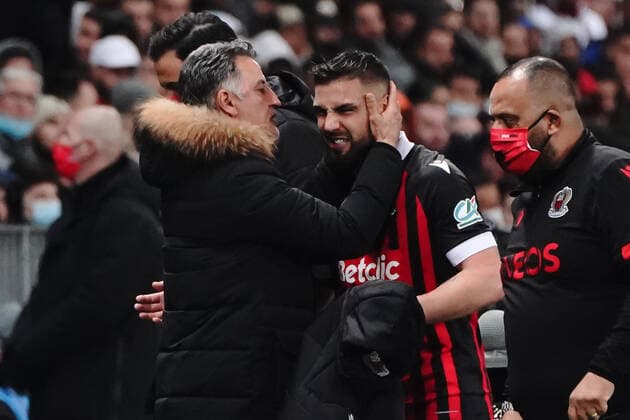 Christophe Galtier (entraineur de l OGC Nice) - Andy Delort (OGC Nice) FOOTBALL : OGC Nice vs Marseille - 1 4 de finale de coupe de France - Nice - 09 02 2022 NorbertScanella Panoramic 