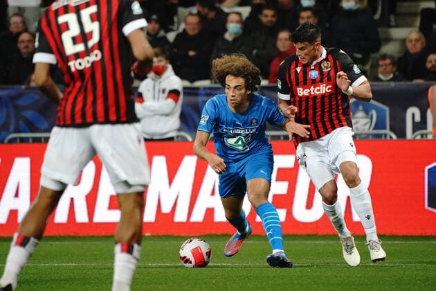 Matteo Guendouzi (Olympique de Marseille) - Flavius Daniluc (OGC Nice) FOOTBALL : OGC Nice vs Marseille - 1 4 de finale de coupe de France - Nice - 09 02 2022 NorbertScanella Panoramic 