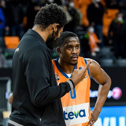 GER, EuroCup, ratiopharm ulm vs Cedevita Olimpija Ljubljana 09 02 2022, ratiopharm arena, Neu Ulm, GER, EuroCup, ratiopharm ulm vs Cedevita Olimpija Ljubljana, in picture Cristiano Felicio Ulm, 1 and Semaj Christon Ulm, 0 after end of game nordphotoxGmbHx xHafner nph00200