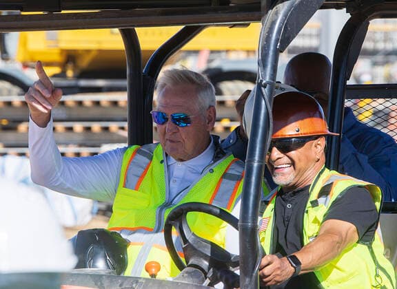 February 9, 2022, Inglewood, California, USA: Clippers consultant, Jerry West rides a cart to Center Court of the Intuit Dome which is under construction and future home of the Los Angeles Clippers on Wednesday February 9, 2022 at the Inuit Dome site in Inglewood, California. PI Inglewood USA - ZUMAp124 20220209_zaa_p124_015 Copyright: xJAVIERxROJASx