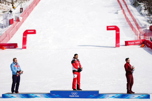 OLYMPICS - Winter Olympic Games, Olympische Spiele, Olympia, OS Beijing 2022 YANQING,CHINA,10.FEB.22 - OLYMPICS, ALPINE SKIING - Winter Olympic Games Beijing 2022, alpine combined, slalom, men. Image shows Aleksander Aamodt Kilde (NOR), Johannes Strolz (AUT) and James Crawford (CAN). GEPAxpictures xDanielxGoetzhaber