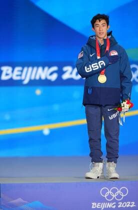 China Olympics 2022 Medal Ceremony 8110394 10.02.2022 Gold medalist Nathan Chen, of the United States, poses on the podium during the medal ceremony for the men s Figure skating, Eiskunstlauf single event at the Medals Plaza in Beijing, China. Alexander Vilf Sputnik Beijing China  Copyright: xAlexanderxVilfx