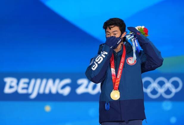 China Olympics 2022 Medal Ceremony 8110402 10.02.2022 Gold medalist Nathan Chen, of the United States, poses on the podium during the medal ceremony for the men s Figure skating, Eiskunstlauf single event at the Medals Plaza in Beijing, China. Alexander Vilf Sputnik Beijing China  Copyright: xAlexanderxVilfx
