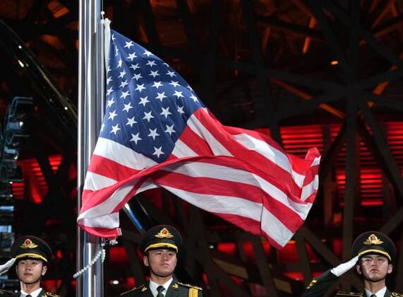 China Olympics 2022 Medal Ceremony 8110478 10.02.2022 The flag of the United States is raised during the medal ceremony for the men s Figure skating, Eiskunstlauf single event at the Medals Plaza in Beijing, China. Alexander Vilf Sputnik Beijing China  Copyright: xAlexanderxVilfx