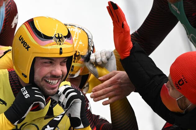 China Olympics 2022 Luge Team Relay 8110791 10.02.2022 Germany s Tobias Wendl and Tobias Arlt celebrate their victory in the luge team relay competition during the Beijing 2022 Winter Olympic Games, Olympische Spiele, Olympia, OS at the National Sliding Centre in Yanqing, China. Vladimir Astapkovich Sputnik Beijing China  Copyright: xVladimirxAstapkovichx