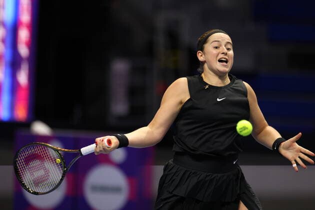 Saint Petersburg, Russia - 10 february 2022: Jelena Ostapenko of Latvia play against Andrea Petkovic of Germany during the St.Petersburg Ladies Trophy 2022 tennis tournament. MaksimxKonstantinov