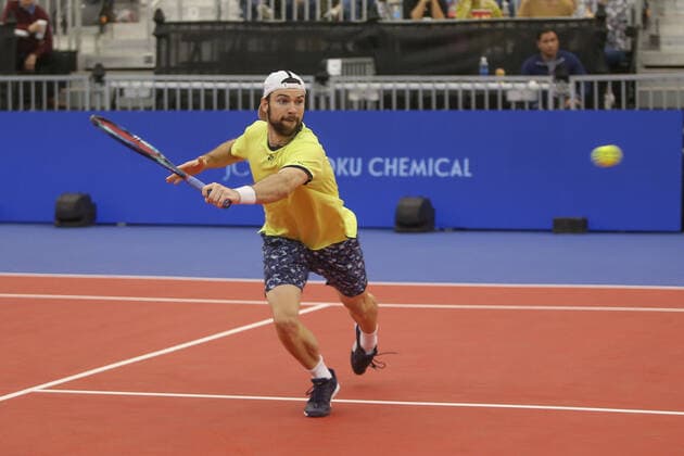 DALLAS, TX - FEBRUARY 10: Jurij Rodionov (AUT) hits a backhand during the Dallas Open on February 10, 2022 at the Styslinger Altec Tennis Complex in Dallas, TX. (Photo by George Walker Icon Sportswire) TENNIS: FEB 10 Dallas Open Icon22021021