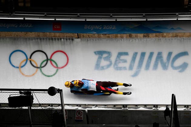 BEIJING, CHINA - FEBRUARY 09: Toni Eggert and Sascha Benecken of Team Germany slide during the Luge Doubles Run 2 on day five of the Beijing 2022 Winter Olympic Games, Olympische Spiele, Olympia, OS at National Sliding Centre on February 9, 2022 in Beijing, China.  Copyright: xVCGx CFP111368571402 