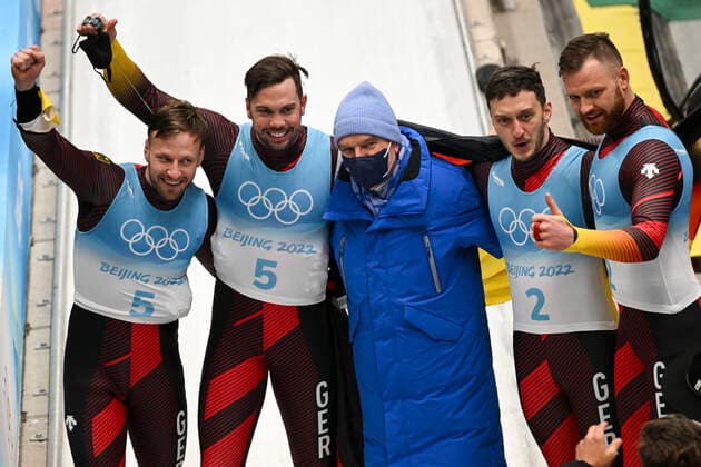 BEIJING, CHINA - FEBRUARY 09: Gold medalists Tobias Wendl and Tobias Arlt of Team Germany, silver medalists Toni Eggert and Sascha Benecken of Team Germany celebrate with the International Olympic Committee (IOC) president Thomas Bach (C) after the Luge Doubles Run 2 on day five of the Beijing 2022 Winter Olympic Games, Olympische Spiele, Olympia, OS at Yanqing National Sliding Centre on February 9, 2022 in Beijing, China.  Copyright: xVCGx CFP111368571414 