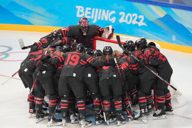 February 11, 2022, Beijing, China: Team Canada players huddle before taking on Sweden in women s quarter-final round hockey action at the Beijing Winter Olympics in Beijing, China, on Friday, Feb. 11, 2022. Canada News - February 11, 2022  - ZUMAc35_ 20220211_zaf_c35_070 Copyright: xRyanxRemiorzx