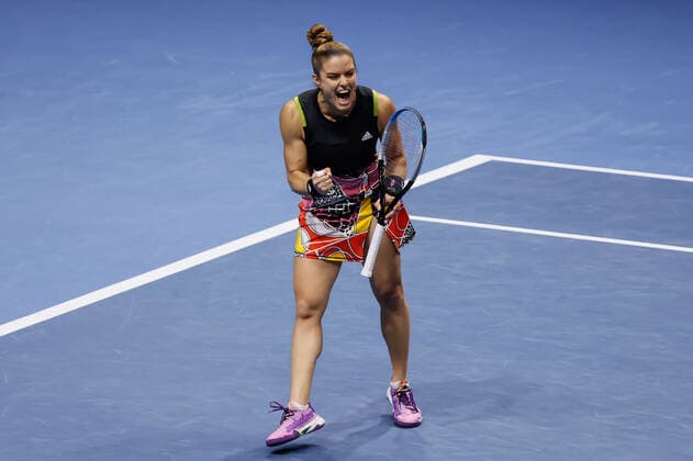 St. Petersburg Ladies Trophy 2022 - Quarter-Finals Maria Sakkari of Greece celebrates during the women s singles quarterfinal match of the WTA, Tennis Damen 500 St. Petersburg Ladies Trophy 2022 International Tennis Tournament against Elise Mertens of Belgium on February 11, 2022 at the Sibur Arena in Saint Petersburg, Russia. Saint Petersburg Russia  Copyright: xMikexKireevx originalFilename:kireev-stpeters220211_np9yt.jpg