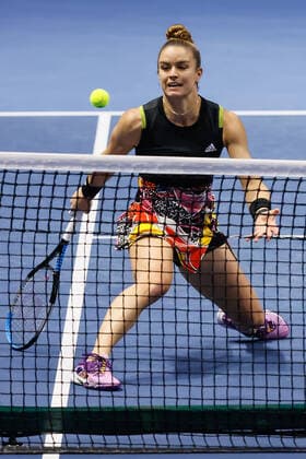 St. Petersburg Ladies Trophy 2022 - Quarter-Finals Maria Sakkari of Greece returns the ball to Elise Mertens of Belgium during the women s singles quarterfinal match of the WTA, Tennis Damen 500 St. Petersburg Ladies Trophy 2022 International Tennis Tournament on February 11, 2022 at the Sibur Arena in Saint Petersburg, Russia. Saint Petersburg Russia  Copyright: xMikexKireevx originalFilename:kireev-stpeters220211_np2QY.jpg