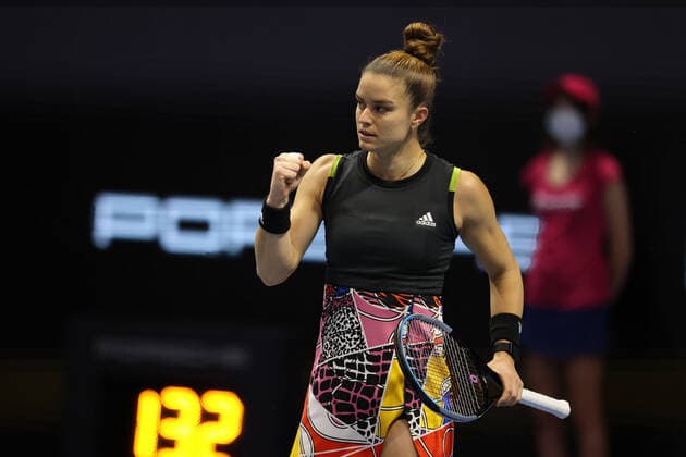 February 11, 2022, Saint Petersburg, Russia: Maria Sakkari of Greece plays against Elise Mertens of Belgium during the St. Petersburg Ladies Trophy 2022 tennis tournament..Final score: Saint Petersburg Russia - ZUMAs197 20220211_zaa_s197_062 Copyright: xMaksimxKonstantinovx