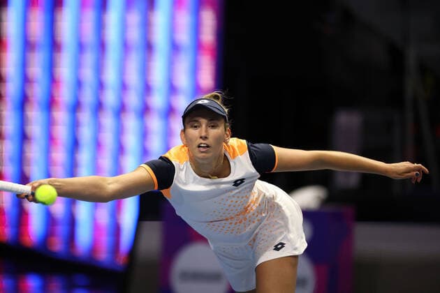February 11, 2022, Saint Petersburg, Russia: Elise Mertens of Belgium plays against Maria Sakkari of Greece during the St. Petersburg Ladies Trophy 2022 tennis tournament..Final score: Saint Petersburg Russia - ZUMAs197 20220211_zaa_s197_065 Copyright: xMaksimxKonstantinovx