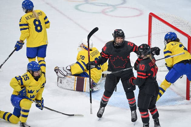 (220211) -- BEIJING, Feb. 11, 2022 -- Natalie Spooner (3rd R) of Canada celebrates scoring during the Ice hockey, Eishockey women s play-off quarterfinal between Canada and Sweden at Wukesong Sports Centre in Beijing, capital of China, Feb. 11, 2022. ) (BEIJING2022)CHINA-BEIJING-ICE HOCKEY-WOMEN S PLAY-OFF-QUARTERFINAL-CAN VS SWE (CN) HuangxZongzhi 