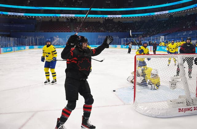 (220211) -- BEIJING, Feb. 11, 2022 -- Sarah Nurse (2nd L) of Canada celebrates scoring during the Ice hockey, Eishockey women s play-off quarterfinal between Canada and Sweden at Wukesong Sports Centre in Beijing, capital of China, Feb. 11, 2022. ) (BEIJING2022)CHINA-BEIJING-ICE HOCKEY-WOMEN S PLAY-OFF-QUARTERFINAL-CAN VS SWE (CN) LixRan 