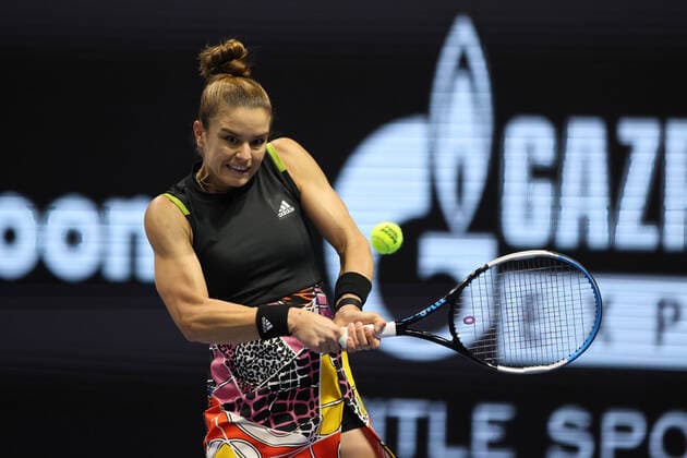 February 11, 2022, Saint Petersburg, Russia: Maria Sakkari of Greece plays against Elise Mertens of Belgium during the St. Petersburg Ladies Trophy 2022 tennis tournament..Final score: Saint Petersburg Russia - ZUMAs197 20220211_zaa_s197_064 Copyright: xMaksimxKonstantinovx
