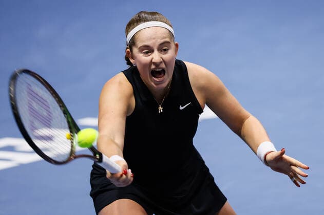St. Petersburg Ladies Trophy 2022 - Quarter-Finals Jelena Ostapenko of Latvia returns the ball to Aliaksandra Sasnovich of Belarus during the women s singles quarterfinal match of the WTA, Tennis Damen 500 St. Petersburg Ladies Trophy 2022 International Tennis Tournament on February 11, 2022 at the Sibur Arena in Saint Petersburg, Russia. Saint Petersburg Russia  Copyright: xMikexKireevx originalFilename:kireev-stpeters220211_npkNa.jpg