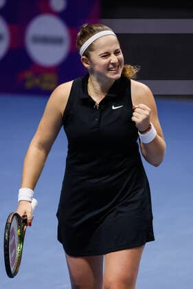 St. Petersburg Ladies Trophy 2022 - Quarter-Finals Jelena Ostapenko of Latvia celebrates during the women s singles quarterfinal match of the WTA, Tennis Damen 500 St. Petersburg Ladies Trophy 2022 International Tennis Tournament against Aliaksandra Sasnovich of Belarus on February 11, 2022 at the Sibur Arena in Saint Petersburg, Russia. Saint Petersburg Russia  Copyright: xMikexKireevx originalFilename:kireev-stpeters220211_npPsD.jpg