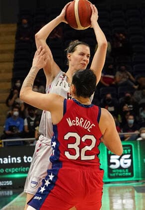 Belgium s Antonia Tonia Delaere and USA s Kayla McBride fight for the ball during a basketball match between the Belgian Cats and the United States, a qualifier for the World Cup later this year, at Washington D.C. in the United States, Friday 11 February 2022. The Cats will be playing two World Cup qualifiers in Washington DC, US, and one in Santo Domingo, Dominican Republic. TONYxQUINN  x9099928x