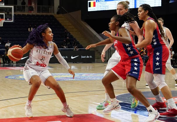 Belgium s Maxuella Lisowa Mbaka fights for the ball during a basketball match between the Belgian Cats and the United States, a qualifier for the World Cup later this year, at Washington D.C. in the United States, Friday 11 February 2022. The Cats will be playing two World Cup qualifiers in Washington DC, US, and one in Santo Domingo, Dominican Republic. TONYxQUINN  x9100111x