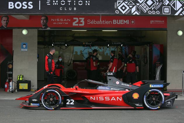 Maximilian Günters Nissan IM03 steht in der der Nissan Garage in der Boengasse, Formula E FIA World Championship, WM, Weltmeisterschaft season 8, Mexiko- City E- Prix, 11.02.2022, MEX, Eletromobilität, Rennfahrzeug, grüner Motorsport