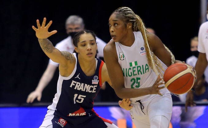 11.02.2022 Belgrade(Serbia) France-Nigeria women s basketball world cup qualifying tournament Gabby Williams (L) France, Victoria Macaulay(R) Nigeria :Str