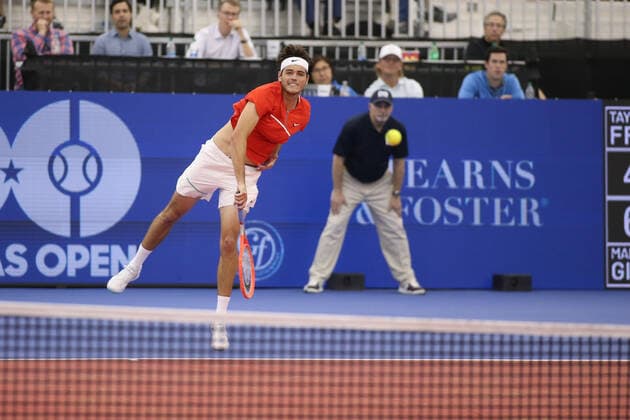 DALLAS, TX - FEBRUARY 11: Taylor Fritz (USA) serves during the Dallas Open on February 11, 2022 at the Styslinger Altec Tennis Complex in Dallas, TX. (Photo by George Walker Icon Sportswire) TENNIS: FEB 11 Dallas Open Icon22021118