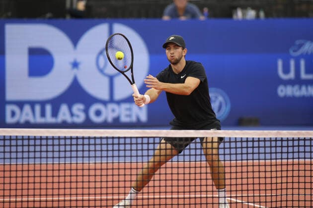 DALLAS, TX - FEBRUARY 11: Jackson Withrow (USA) volleys during the Dallas Open on February 11, 2022 at the Styslinger Altec Tennis Complex in Dallas, TX. (Photo by George Walker Icon Sportswire) TENNIS: FEB 11 Dallas Open Icon22021121