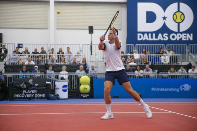 DALLAS, TX - FEBRUARY 11: Vasek Pospisil (CAN) volleys during the Dallas Open on February 11, 2022 at the Styslinger Altec Tennis Complex in Dallas, TX. (Photo by George Walker Icon Sportswire) TENNIS: FEB 11 Dallas Open Icon22021126