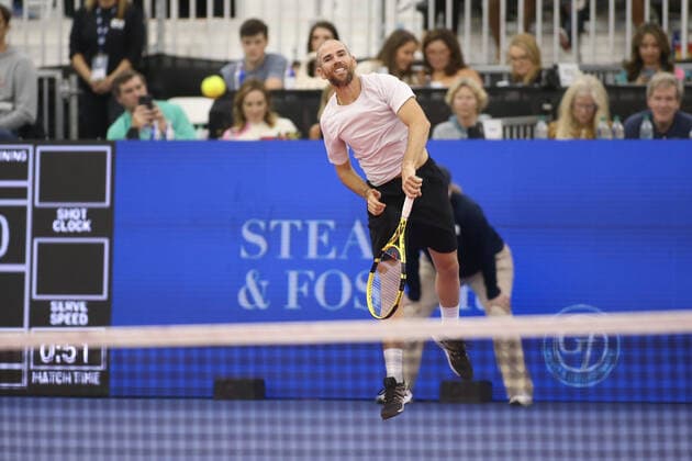 DALLAS, TX - FEBRUARY 11: Adrian Mannarino (FRA) serves during the Dallas Open on February 11, 2022 at the Styslinger Altec Tennis Complex in Dallas, TX. (Photo by George Walker Icon Sportswire) TENNIS: FEB 11 Dallas Open Icon22021132