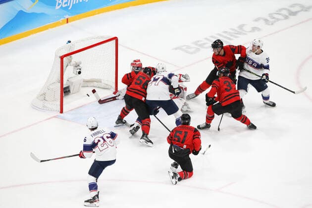 February 12, 2022, Beijing, Hebei, China: MEYERS Ben of the United States (39) scores his team second goal assisted by FARRELL Sean (26) and SANDERSON Jake (8) during the Ice hockey, Eishockey Men s Preliminary Round Group A Game between United States and Canada at the National Indoor Stadium on February 12th 2022 in Beijing, China BEIJING 2022: DAY 8: MEN ICE HOCKEY  - ZUMAc179 20220212_zep_c179_024 Copyright: xMickaelxChavetx
