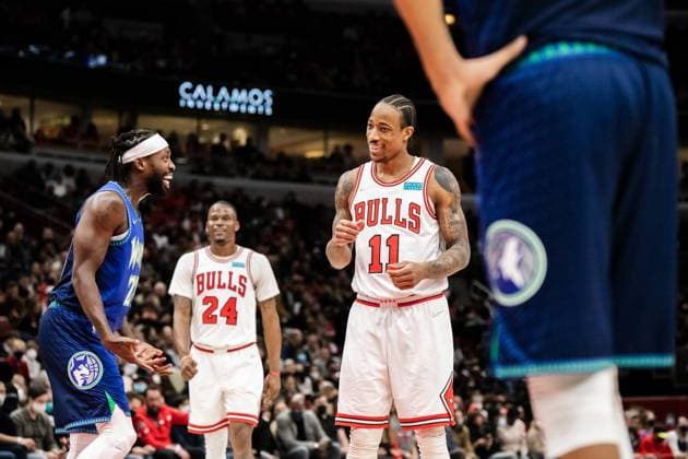 DeMar DeRozan 11, Chicago Bulls laughs with Patrick Beverley 22 Minnesot Timberwolves during the game on February 11, 2021 at the United Center Shaina Benhiyoun SPP National Basketball Association - Chicago Bulls vs Minnesota Timberwolves - United Center 
