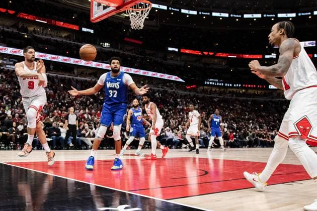 Karl-Anthony Towns 32, Minnesota Timberwolves complains about a no-foul call during the game on February 11, 2021 at the United Center Shaina Benhiyoun SPP National Basketball Association - Chicago Bulls vs Minnesota Timberwolves - United Center 