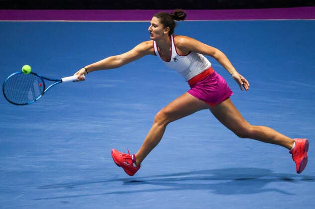 ST PETERSBIRG, RUSSIA â€“ FEBRUARY 12, 2022: Tennis player Irina-Camelia Begu of Romania in action in her 2022 WTA, Tennis Damen St Petersburg Ladies Trophy semi-final singles match against Maria Sakkari of Greece, at the Sibur Arena. Alexander Demianchuk TASS  TS122AD1