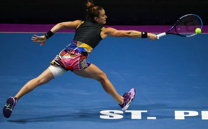 ST PETERSBIRG, RUSSIA â€“ FEBRUARY 12, 2022: Tennis player Maria Sakkari of Greece in action in her 2022 WTA, Tennis Damen St Petersburg Ladies Trophy semi-final singles match against Irina-Camelia Begu of Romania, at the Sibur Arena. Alexander Demianchuk TASS  TS122AFA