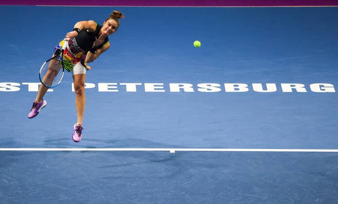 ST PETERSBIRG, RUSSIA â€“ FEBRUARY 12, 2022: Tennis player Maria Sakkari of Greece in action in her 2022 WTA, Tennis Damen St Petersburg Ladies Trophy semi-final singles match against Irina-Camelia Begu of Romania, at the Sibur Arena. Alexander Demianchuk TASS  TS122AFF