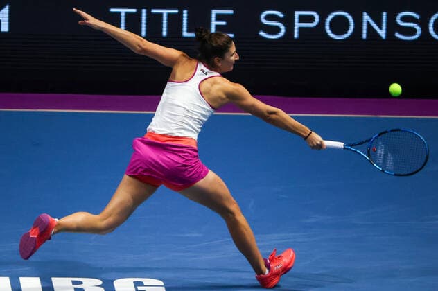 ST PETERSBIRG, RUSSIA â€“ FEBRUARY 12, 2022: Tennis player Irina-Camelia Begu of Romania in action in her 2022 WTA, Tennis Damen St Petersburg Ladies Trophy semi-final singles match against Maria Sakkari of Greece, at the Sibur Arena. Alexander Demianchuk TASS  TS122B03